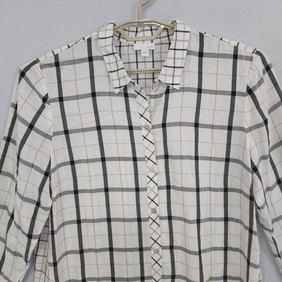 J Jill Top Tunic Women Ivory Large Long Sleeve Button Up Plaid Buttons Collared - Picture 5 of 15